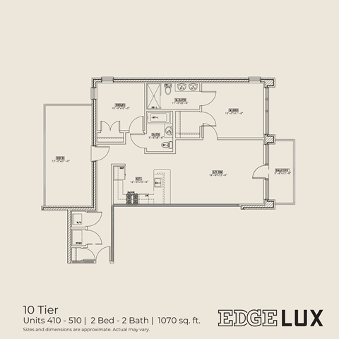 Floor plan for 2 beds, 2 baths, 1070 sqft